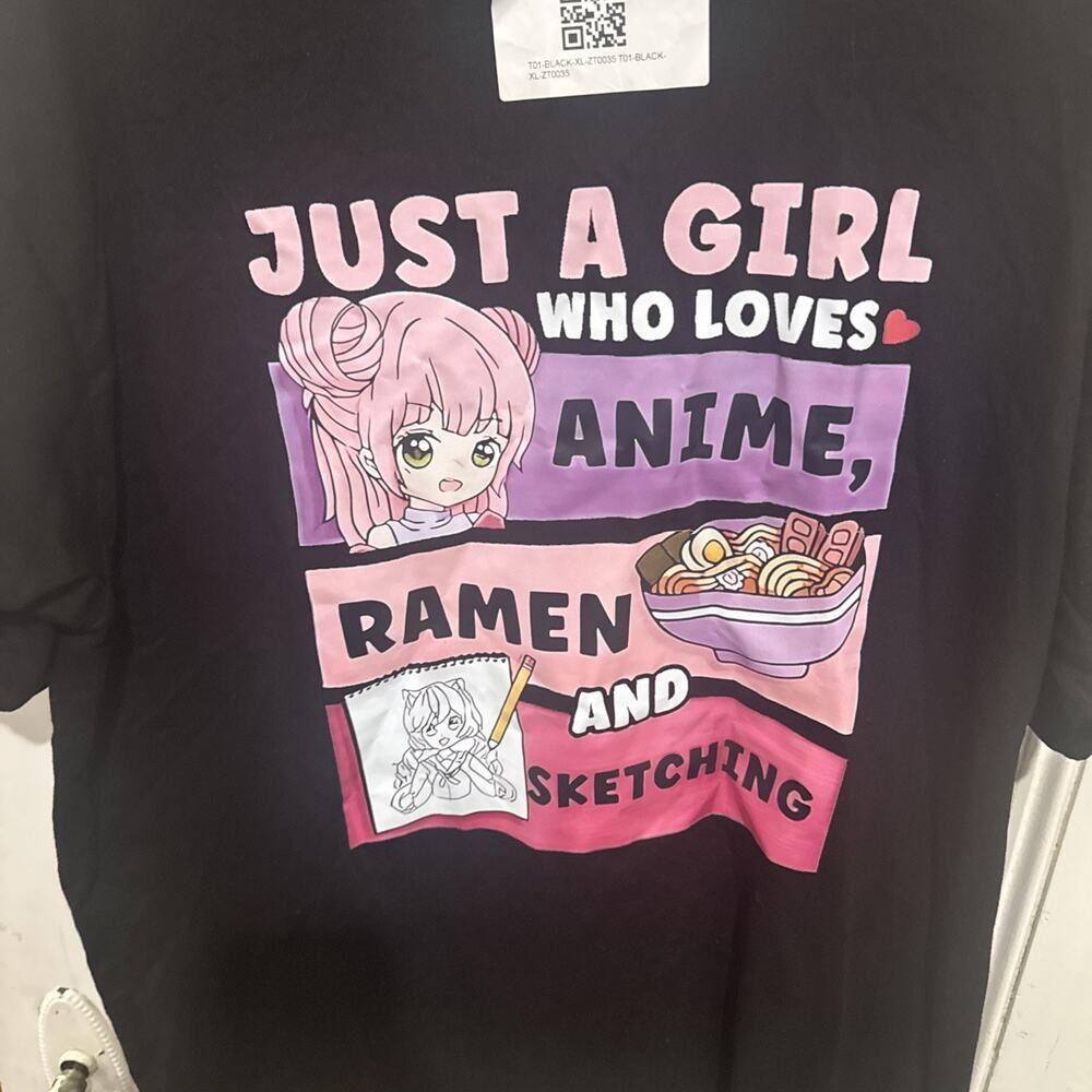 H&U Anime Ramen Sketching Graphic T-Shirt XL Black 100% Cotton Just A Girl - Picture 2 of 6